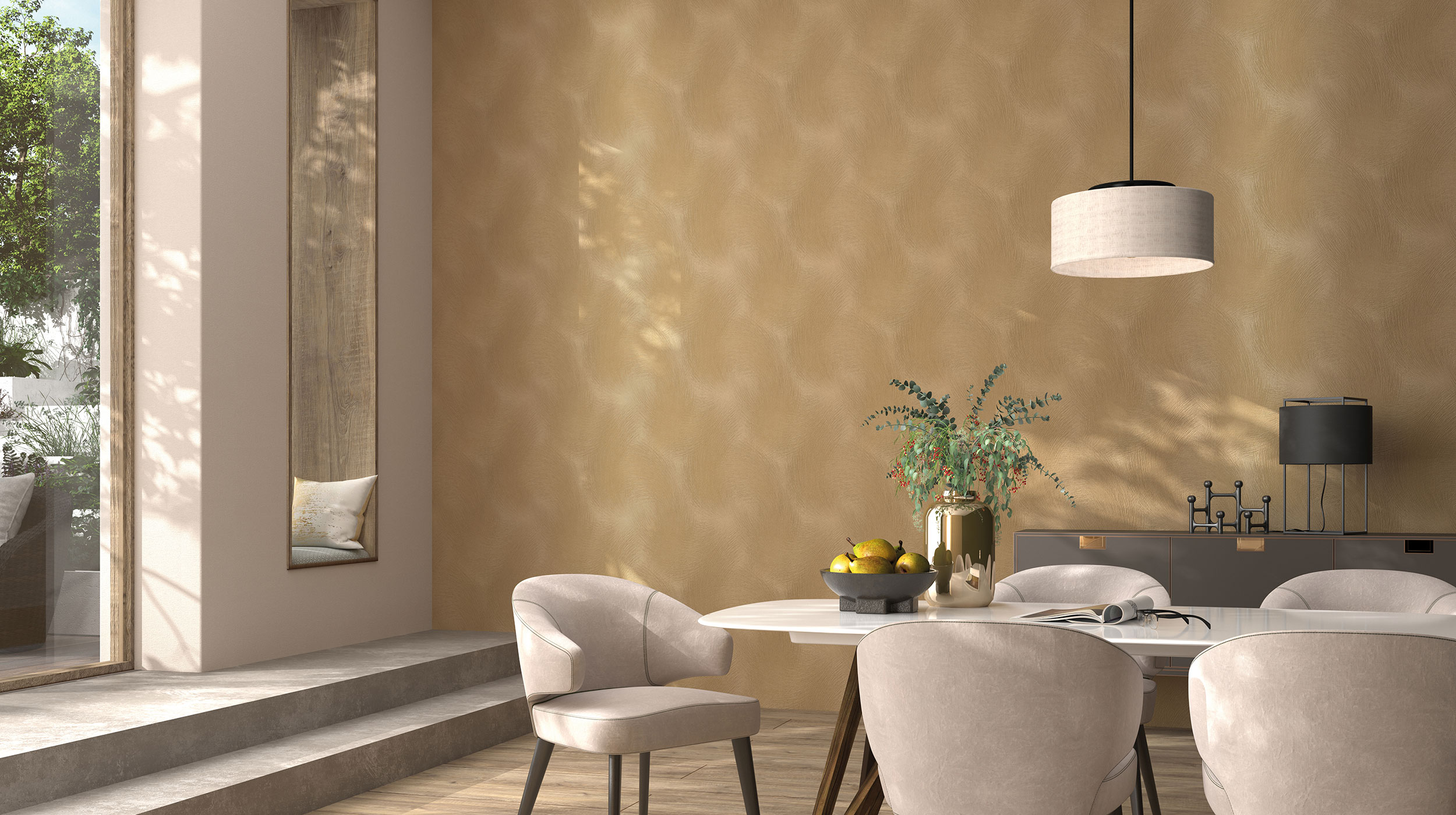 Grafische Tapete in Gold, Esszimmer 