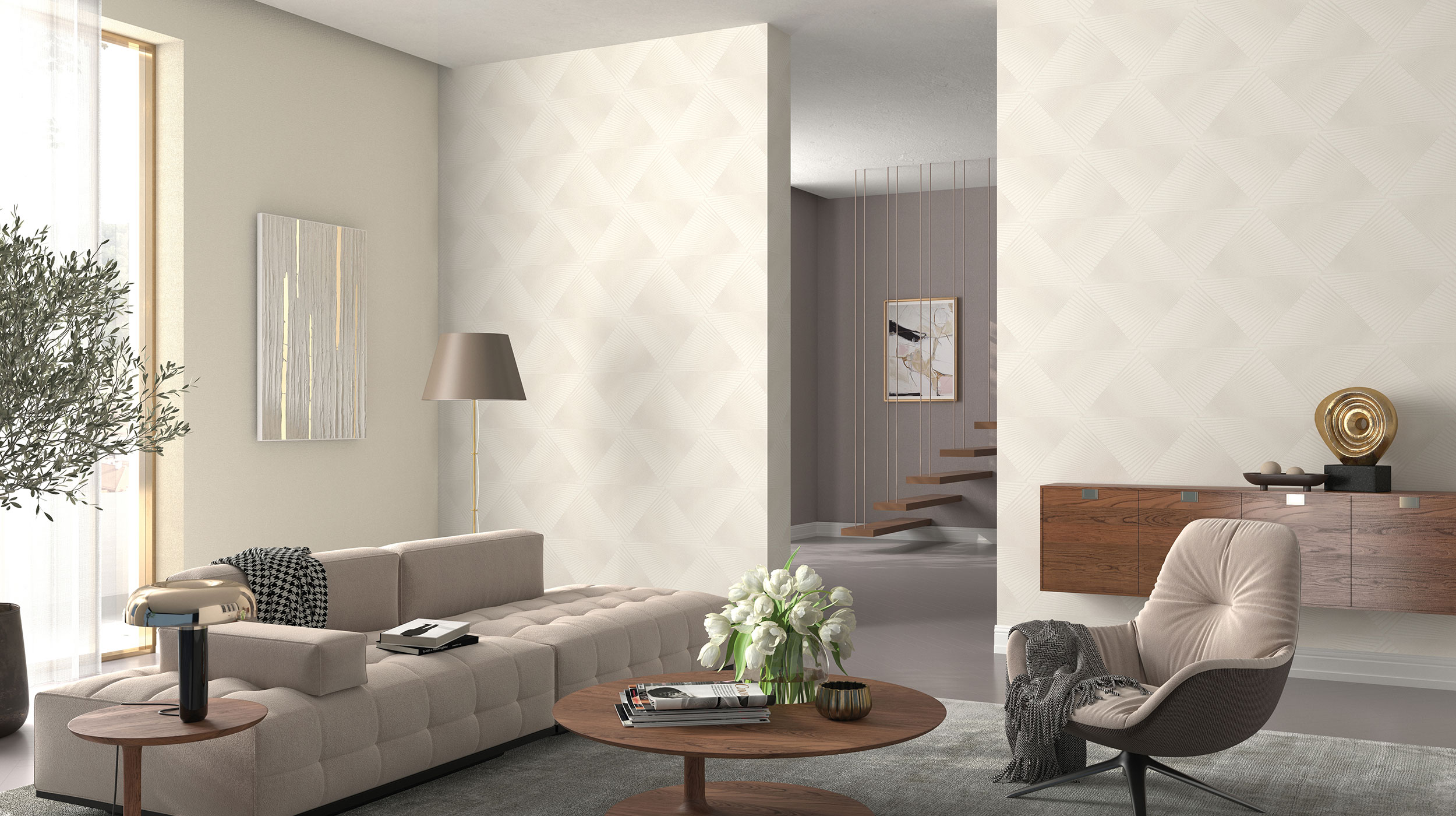 Modernes helles Wohnzimmer mit geometrischer Vliestapete in Creme und Metallic Effekt 