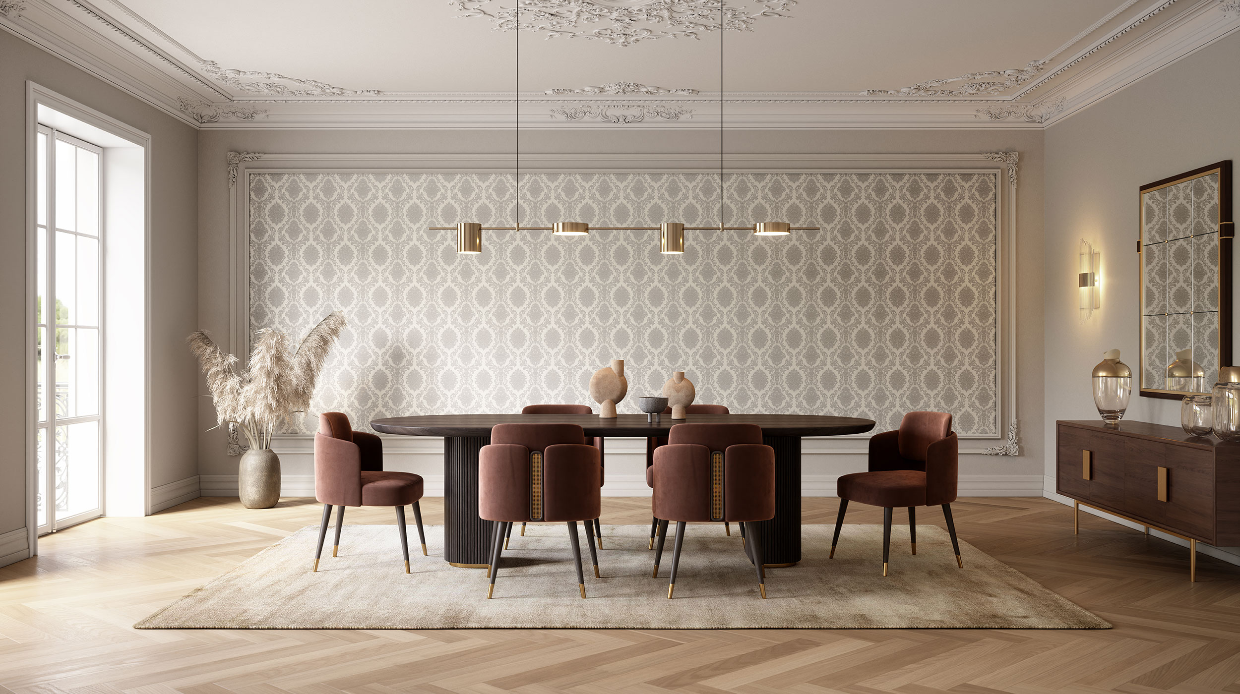 Geometrische Tapete mit Ornamentdesign in Beige und Grau, Esszimmer