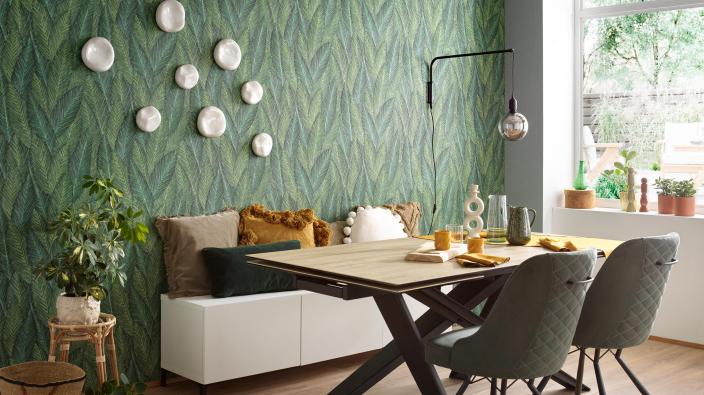 dining room with wallpaper and leaf motive