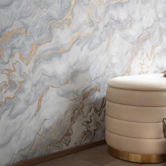 Design Mystic Spell Vliestapete mit Marmoroptik und Metall Effekt in Weiß und Gold