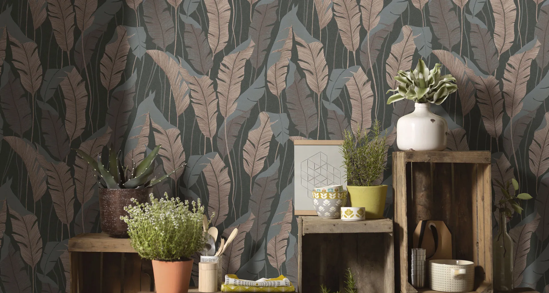 Design Arwen dunkle Tapete mit Federmotiv mir Regal und Pflanzen