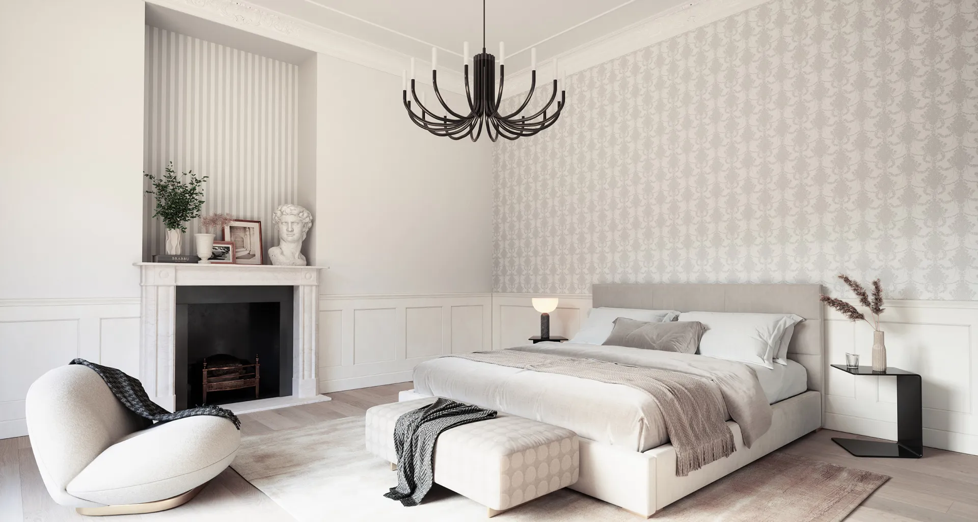 Design FELICITÈ Ornamenttapete in hellen Farben, Schlafzimmer