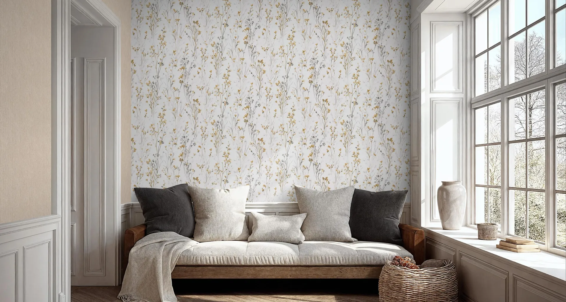 Forest Dreams wohnraum in modernem Landhausstil, helles Sofa und Vliestapete mit zartem Gräsermotiv in Beige- und Gelbtönen