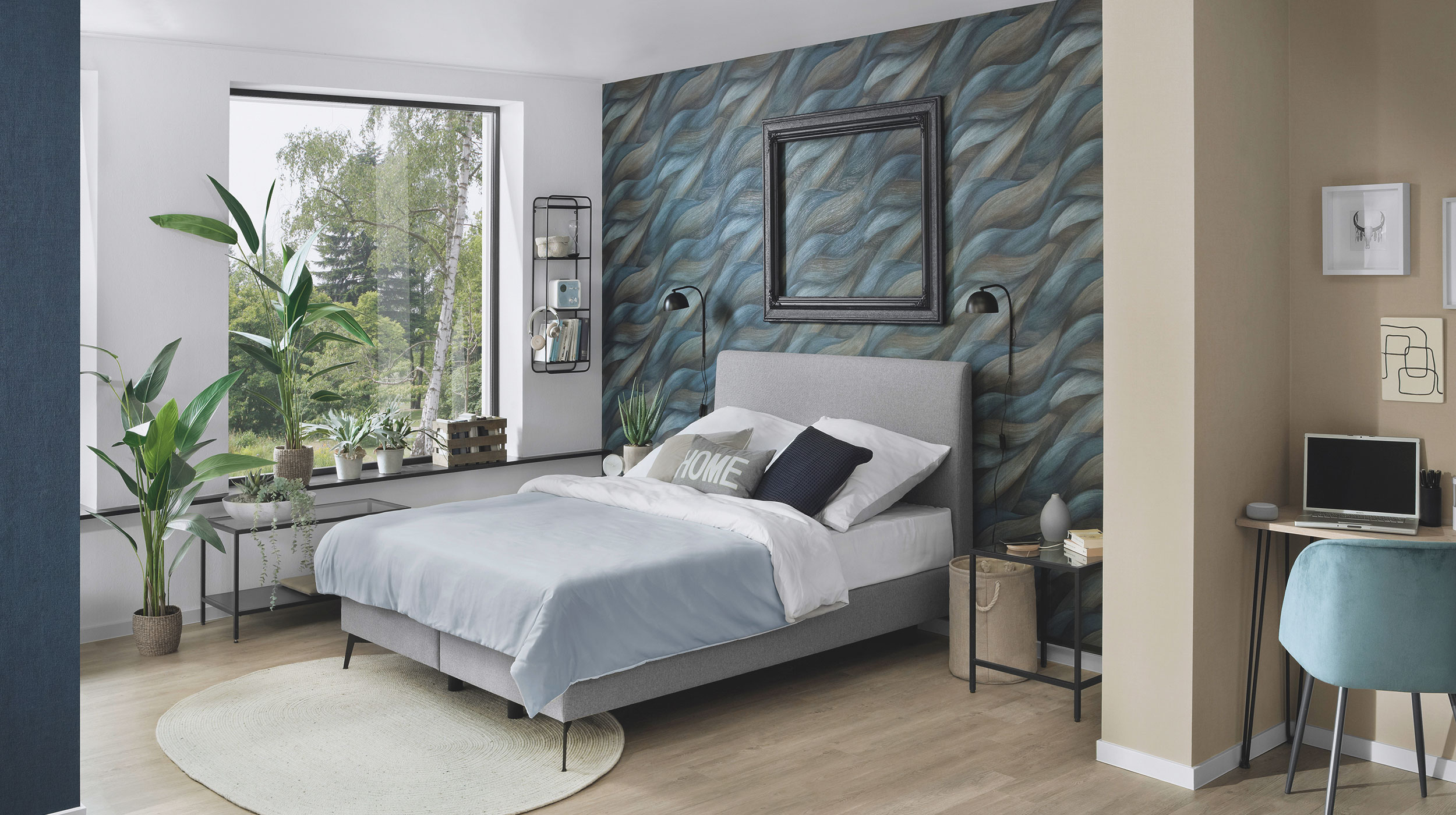 Schlafzimmer Wandgestaltung mit Vliestapete, Wellenmotiv STORMY in Blau und Taupe