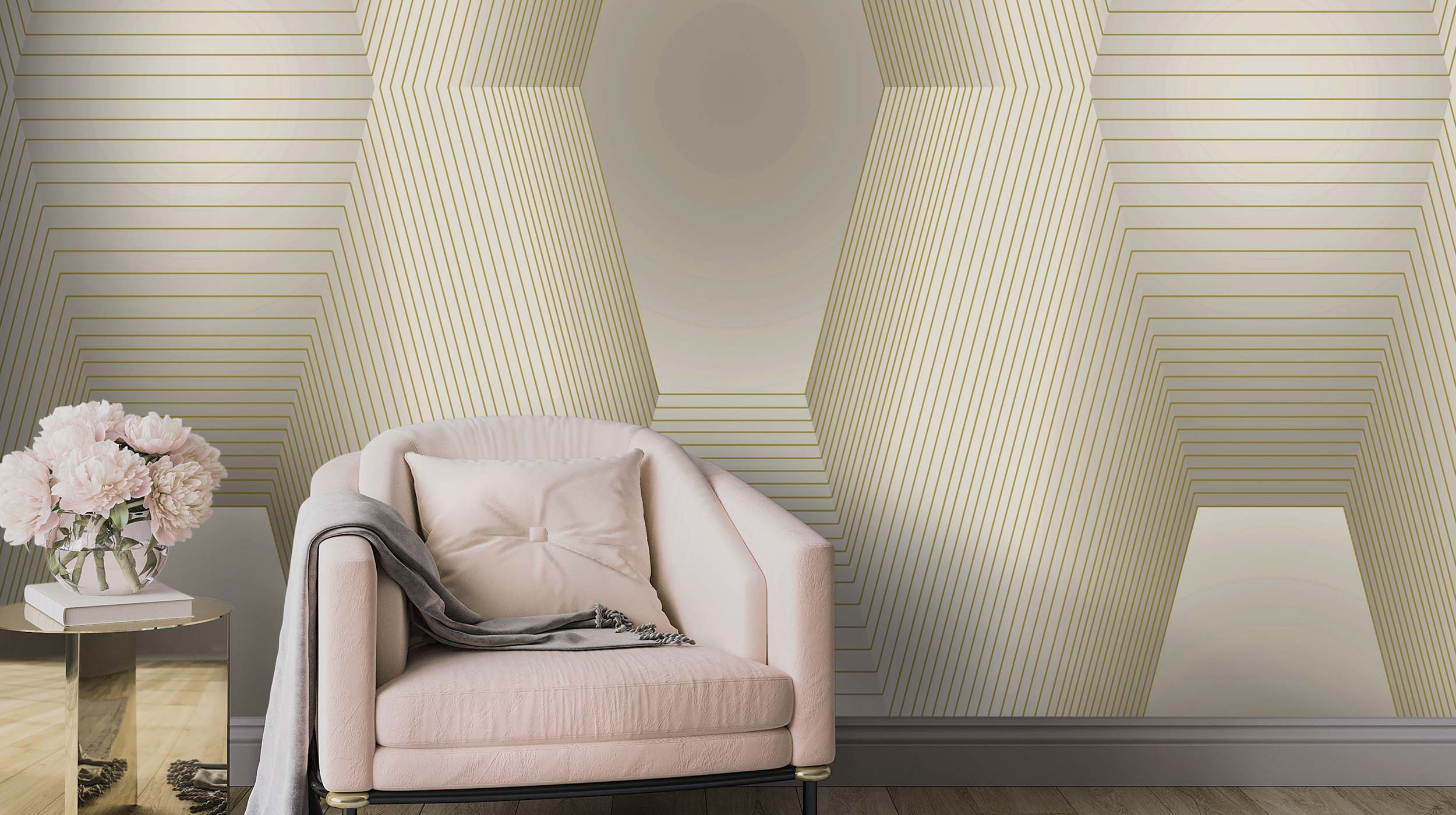 Geometrische Tapete by Guido in Creme und Gold Farben 